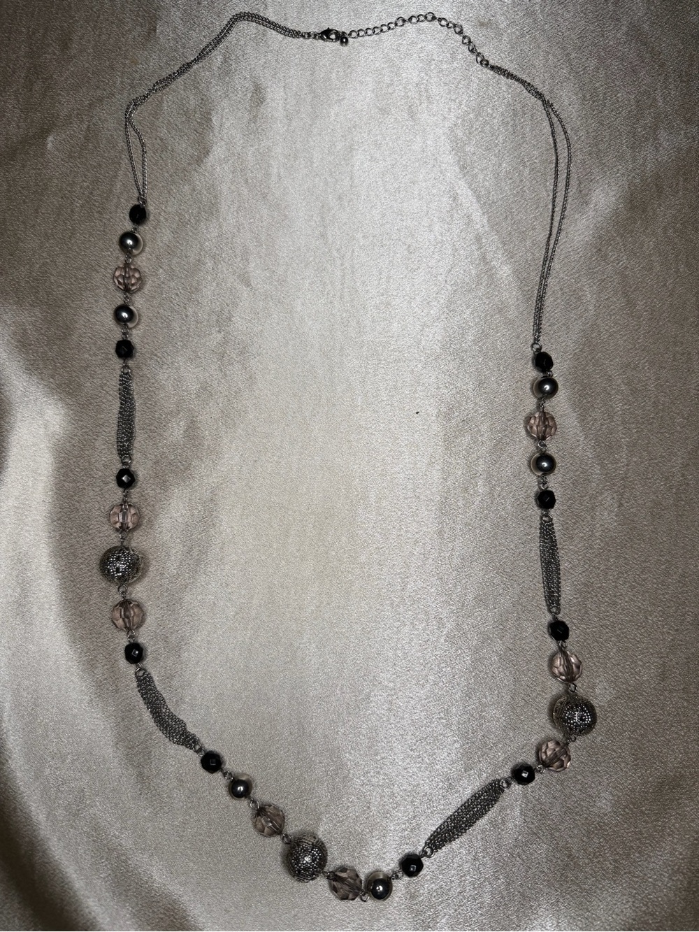 Long SilverTone  Necklace Mixed Black Faceted Grey Beaded Filigree Metal Spheres